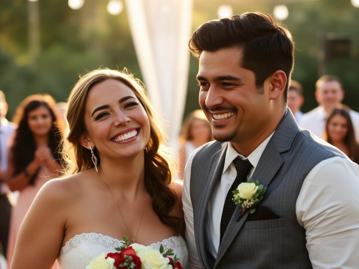 Casal comemorando durante a festa de casamento
